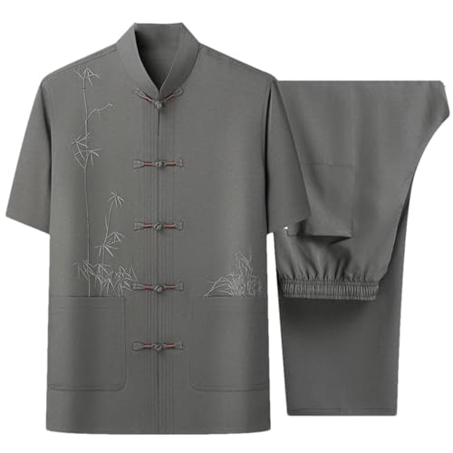 Men's Solid Color Casual Stand-Up Collar Pocket Stitching Chinese Embroidery Short-Sleeved Trousers Two-Piece Suit