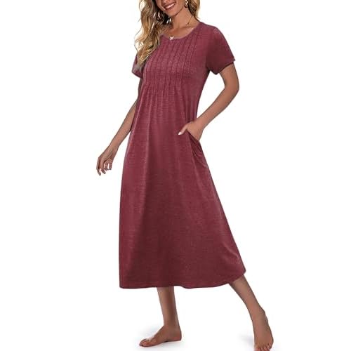 Marvmys Womens Long Cotton Nightgown Short Sleeve Nightshirt O Neck Sleepwear Full Length Sleepshirt with Pockets S-3XL