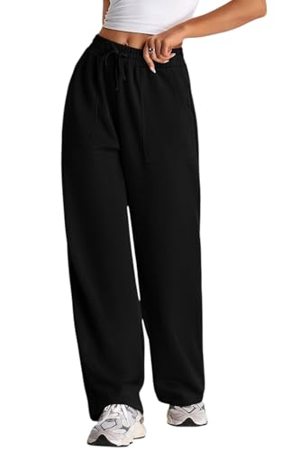 Q - RIOUS Women's Wide Leg High Waisted Baggy Lounge Sweat Pants Drawstring Athletic Flared Joggers with Pockets (Black_36)