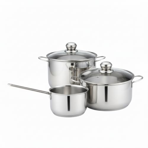 Batteria Pentole 5 Pezzi in Acciaio Inox – Set Casseruole con Coperchio in Vetro, Adatta a Tutti i Piani Cottura Inclusa Induzione, Pentola con Manico Lungo 14x8 cm + Casseruola 16x9 cm e 20x11,5 cm