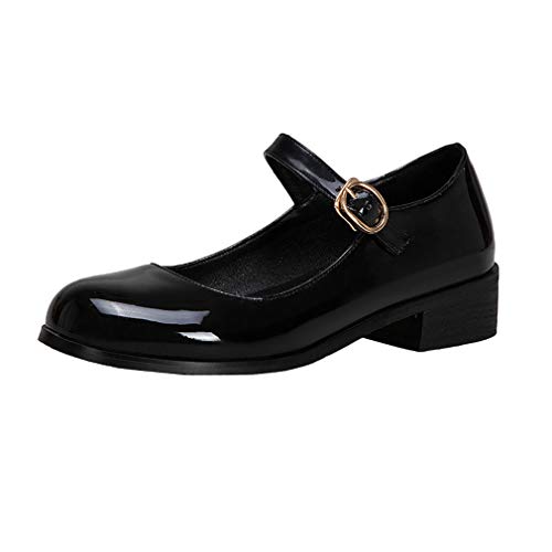 LOVOUO Mary Jane Escarpin Vernis Femme Talon Bloc Carré Bas Bride Cheville Chaussure Bout Rond avec Boucle Ecole(Noir,38) Cover