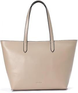 شنطة يد كبيرة توت من الجلد، بيج، شنطة كتف بمقبض مزدوج مع اشرطة متباينة