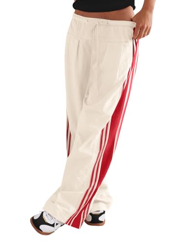 Fisoew Womens Wide Leg Pants Drawstring High Waisted Striped Baggy Palazzo Track Pants with Pockets