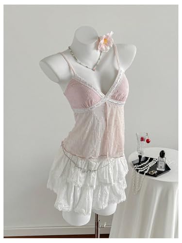 Milumia Women's Y2k Floral Lace Trim Sheer Cami Top V Neck Spaghetti Strap Summer Tops2