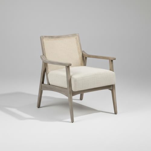 Image of APRODZ Mango Wood Arm Chair for Living Room with Cane Back & Wooden Armrest | Solid Wood Chair for Home Use Bedroom Dining Drawing Room and Balcony | Solid Wood Accent Chair, Grey Finish
