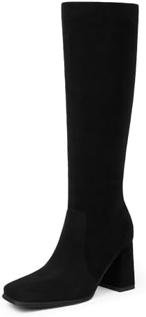 Modatope Knee High Boots Women Chunky Heel Square Toe Heeled Tall Boot for Women Fashion Side Zipper Long Boot