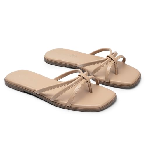 Rihero Womens Flip Flops Square Toe Flat Sandals Beach Summer Trendy Slip On Thong Slide Sandals Natural Size 5.5 — view 5