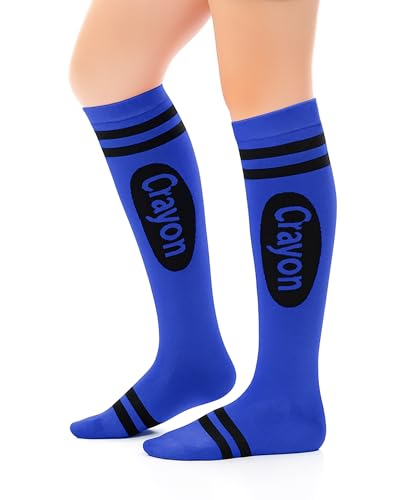 Geyoga Funny Crayon Socks for Women Crayon Knee High Socks Novelty Stocking Stuffers Rainbow Pencil Stockings(Dark Blue)