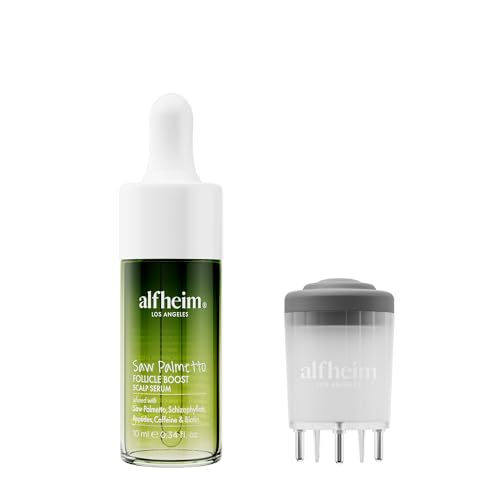 ALFHEIM Saw Palmetto Scalp Serum to Strengthen Follicles | With Caffeine & Biotin for Fuller Hair | Helps Balance Scalp, Revive Hair Roots & Enhance Hair Density | 0.34 fl oz + Serum Applicator