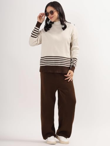 Image of Kvetoo Women Winter Coord Set Wool Blend Tracksuit High Neck Sweater and Wide Leg Pants Warm Knitwear Pyjama Set for Casual Office Travel Wear
