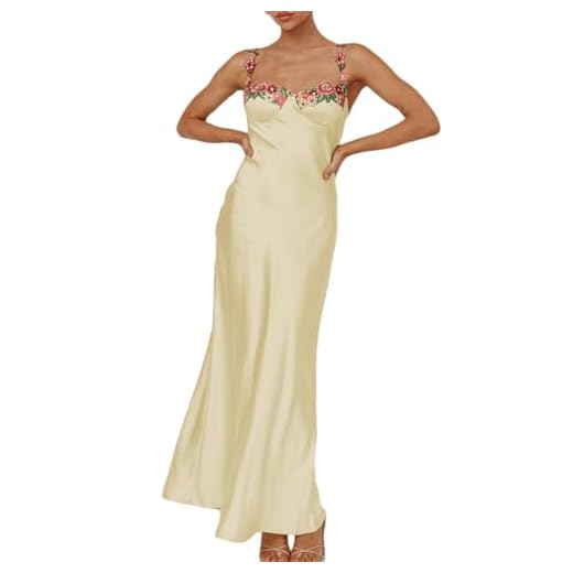 Sexy Satin Spaghetti Strap Floral Embroidered Maxi Dress for Women Sweetheart Neckline Backless Sleeveless Slit Midi Dress