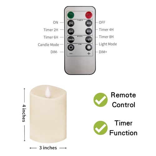 Image of 3x4 Flickering Flameless Candles Set of 1,4 inch Real Wax LED 600 Hours Battery Candles with Timer Remote,Control for Wedding Party Indoor,Ivory