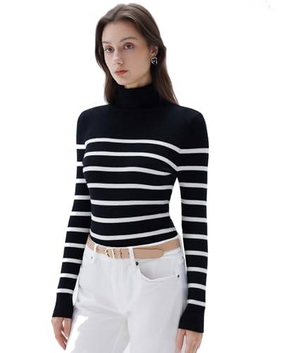 SUUKSESS Women Turtleneck Cashmere Blend Sweater Long Sleeve Shirts Fall Basic Thermal Tops Winter Clothes(Black White Stripe, S)