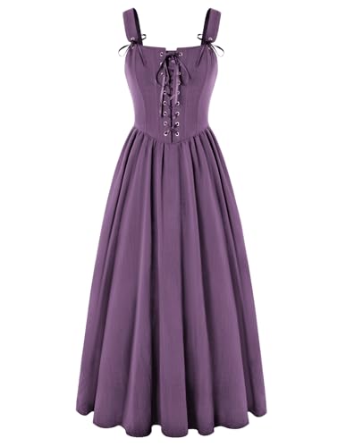 Mittelalter Gothic Kleidung Damen Kleider Lila Cottagecore Ärmellos Lace up A-Linie Steampunk Korsett Kleid Piratenkostüm M