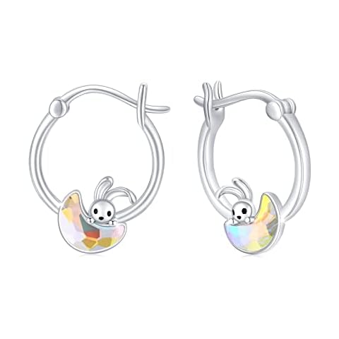 Rabbit Earrings 925 Sterling Silver Hypoallergenic Bunny Rabbit Hoop Earrings with Moon Crystal Earrings Cute Animal Rabbit Jewelry for Women Teen Girls Cover