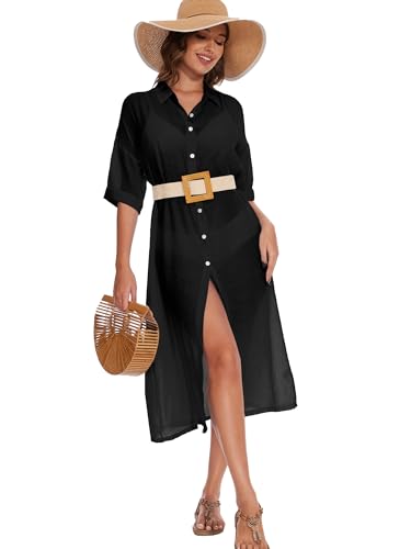 Breezy Lane Swimsuit Coverup for Women Long Button Down Shirt Dress Vacation Wear3