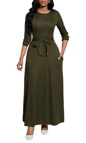 Image of BubFee Long Dress for Women Casual Long Sleeve Dresses Maxi Dress Empire Waist Loose with Belt