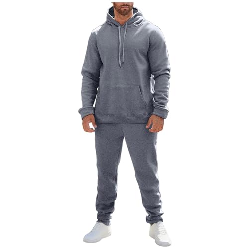 Duohropke Tuta da jogging da uomo, set da due pezzi, per il tempo libero, casual, con cappuccio e pantaloni in cotone, grigio scuro, XXL