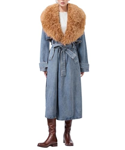 TACSTRUN Femmes Vintage Fur Col Revers Denim Trench Coat Lace Up Long Jean Veste Belted Pardessus Détachable Fourrure Collier,Bleu,M