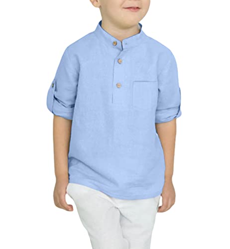 Image of Arshiner Boys Cotton Linen Henley Shirt Button Down Shirt Long Sleeve T Shirt Beach Shirt Tee Casual Solid Tops