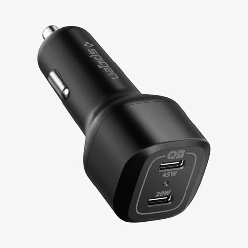 Image of Spigen Total 65w(45w+20w) Fast Charging Car Charger Adapter, USB-C Dual Port, PD3.0, for iPhone 17 /16 /15 /14 Series, Galaxy S26 /25 /24 /23, Earbuds, Tablet & More (PC2000) - Black