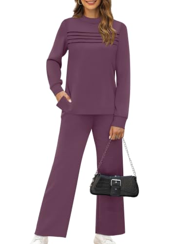 Image of WIHOLL Two Piece Sets for Women Fall Travel Vacation Outfits 2026 Long Sleeve Lounge Sets Side Slit Wide Leg Pants XS-3XL