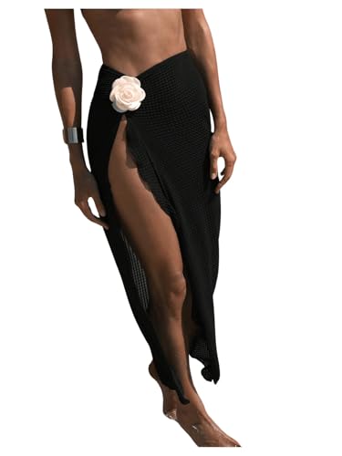 RoseSeek Women's Beach Cover Up Skirt 3D Flower Crochet Out High Split Swimsuit Bathing Suit Beach Skirt Black Small