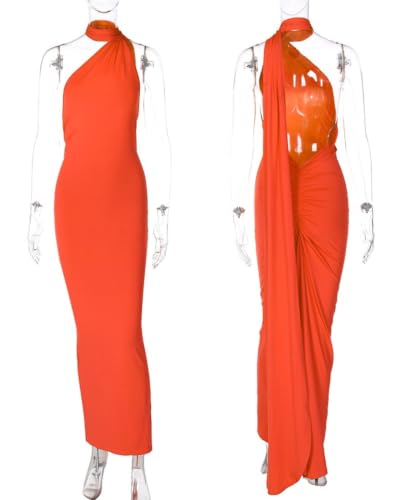Image of Suillty Women's Sexy Oblique Shoulder Backless Maxi Dress Ruched Back Strap Sleeveless Party Club Long Dresses Bodycon