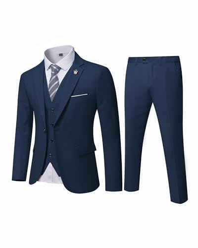 MYS Men's 3 Piece Slim Fit Suit Set, One Button Solid Jacket Vest Pants with Tie