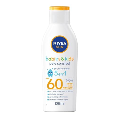 NIVEA SUN Protetor Solar Kids & Babies Pele Sensível FPS 60 125ml - Infantil, muito alta proteção UVA/UVB, minimiza o surgimento de alergias, muito resistente à água com proteção imediata