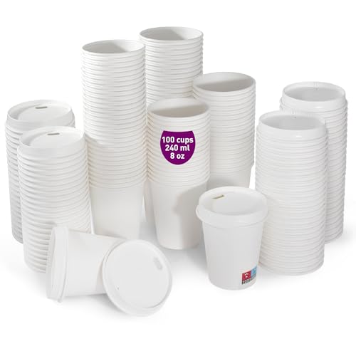 100 gobelets jetables blancs 240 ml 8 oz avec couvercles en papier, résistants anti fuites et sans odeurs, gobelets en carton pour café, thé et boissons, à...