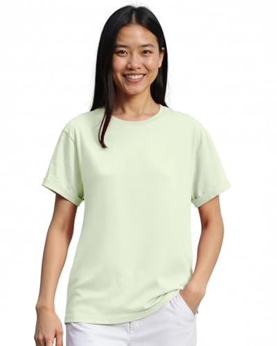 Image of Bewakoof Women's Solid Cotton T-Shirt Boyfriend Fit, Round Neck, Half Sleeve 581053 Green S