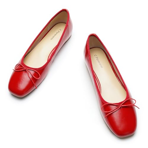 C.Paravano Women's Ballet Flats, Comfortable Slip On Round Toe Flat Shoes, Casual Walking Red Shoes for Women, Slip-On Bow Dressy Flats for Work Office & Business (Size 9.5,Red)