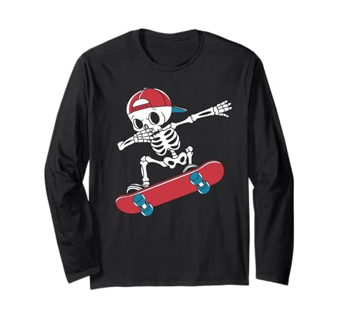 Cool Skeleton Skateboarding Divertido Skater Skateboarder Manga Larga