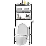 3-Tier Over The Toilet Storage, Freestanding Metal Bathroom Shelves with 4 Hooks, Over Toilet Storage Shelf with Paper Holder, Above The Toilet Shelf for Bathroom Storage, Black