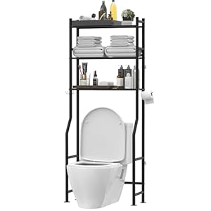 3-Tier Over The Toilet Storage, Freestanding Metal Bathroom Shelves with 4 Hooks, Over Toilet Storage Shelf with Paper Holder, Above The Toilet Shelf for Bathroom Storage, Black