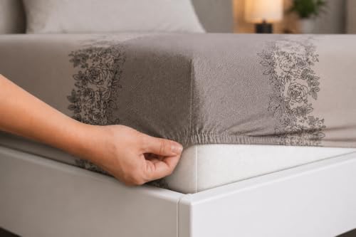 Image of Elastic Fitted King Size Bedsheet Cotton for Double Bed | 72 inchx78 inch +10 Inch, Floral, Soft & Breathable, Fade & Shrink Resistant, 2 Pillow Covers (Warm Taupe)