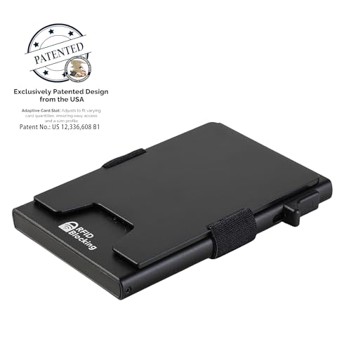 Minimalist Mens Card Holder Wallet, RFID Blocking Slim Smart Pop Up Aluminum Wallet,Holds 12+ Cards,Expandable Compact Plate,Cash Strap/Money Clip (Black)2