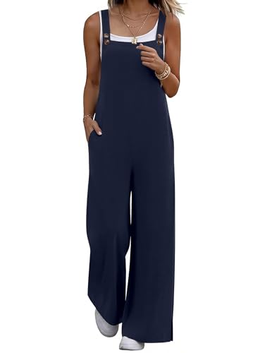 Ekouaer Overalls for Women Loose Wide Leg Jumpsuits Casual One Piece Floral Boho Outfits Baggy Jumpers Comfy Summer Rompers Navy Blue L