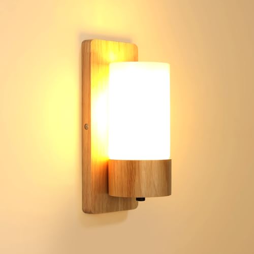 Aplique de Pared de Madera con Pantalla de Vidrio, Lámpara de Pared E27 Interior para Dormitorio, Salón, Pasillo, Escalera