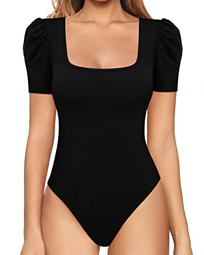 MANGOPOP Puff Sleeve Tops Square Neck Short Sleeve Long Sleeve Bodysuit for Women Elegant T Shirt
