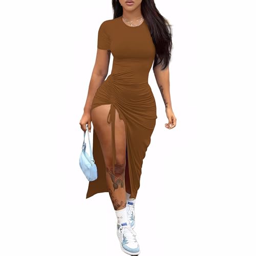 Nimsruc Women Sexy Summer Dresses Short Sleeve Thigh-high Slit Ruched Bodycon Maxi Club Cocktail...