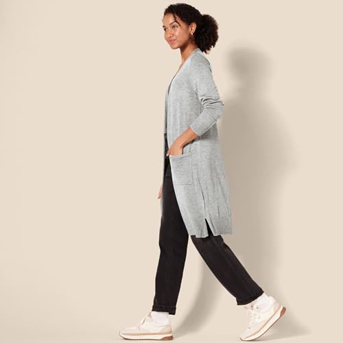 Amazon Essentials Damen Leichter, Länger Geschnittener, Langärmliger Cardigan-Pullover Mit Offener Vorderseite (In Übergröße Erhältlich), Hellgrau Meliert, S