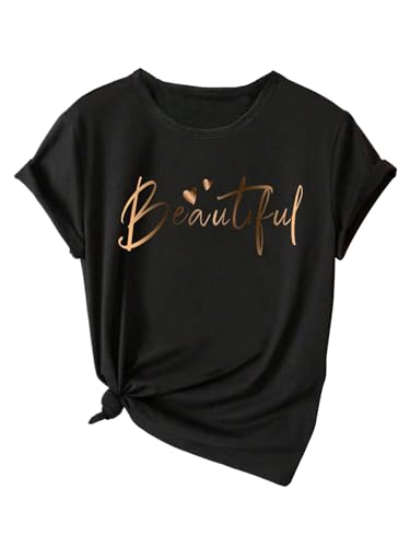 SweatyRocks Girl's Letter Graphic Short Sleeve Tee Shirt Crew Neck Summer Casual Tee Tops