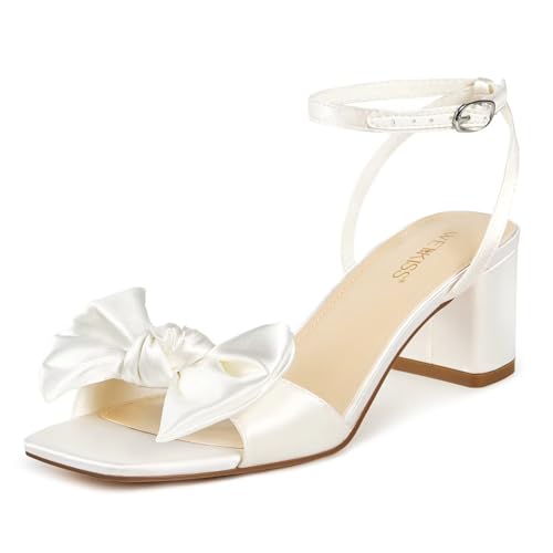 wetkiss White Comfortable Heels for Women with Bow Strappy Satin Heeled Sandals Chunky Block Square Open Toe Low Heels for Wedding Bride Bridal Party Graduation(Exquisite White Size 8)