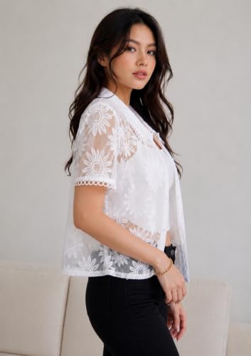 Image of Women's Floral Embroidered Shirt | Elegant Short Sleeve Shirts for Casual & Office Wear | Stylish Summer Button-Down Shirt for Girls & Women
