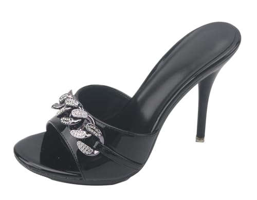 Mules stiletto femme chaussure été noire bout ouvert talon aiguille 10.5 cm chaîne TM006