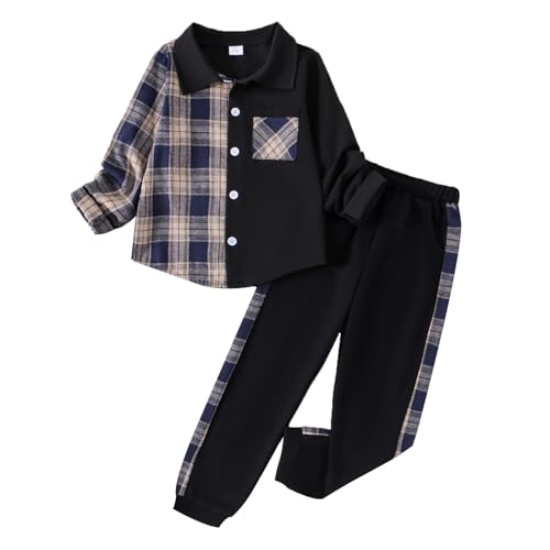Image of Boy Clothes Fall Winter Outfits Long Sleeve Plaid Patchwork Button Down Shirt + Casual Pocket Sweatpants 5-14 Years
