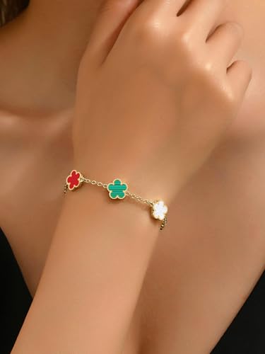 14K Gold Plated Dainty Colorful Five Leaf Clover Dot Bracelets for Women Lucky Flower Jewelry2