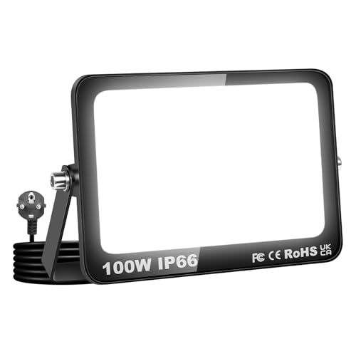 Willpower Faretto LED Esterno 100W 10000LM, Faro LED con Spina Proiettore LED 6000K Bianco IP66 Luce di Sicurezza a LED Illuminazione per Garage Giardino Cortile Patio Piazza Officina